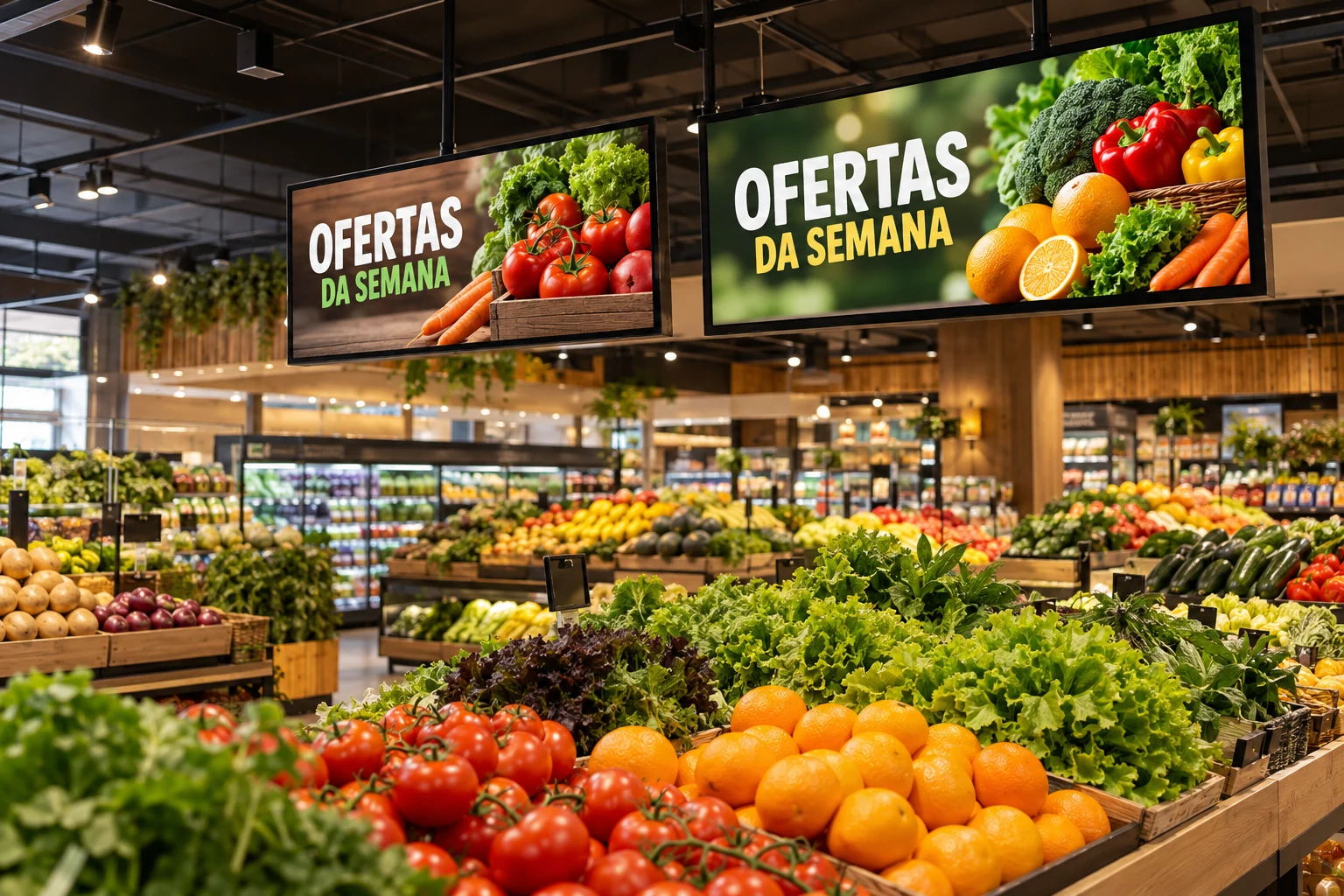 Ilustração de telas digitais com ofertas dentro de um supermercado