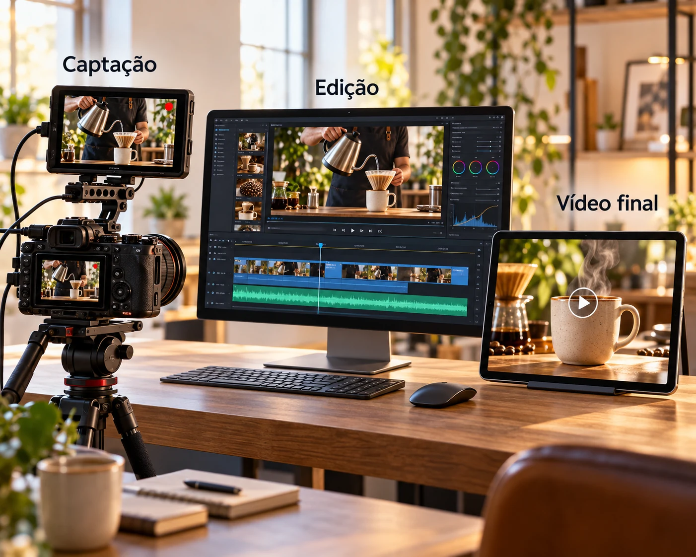 Ilustração das etapas de captação, edição e vídeo final